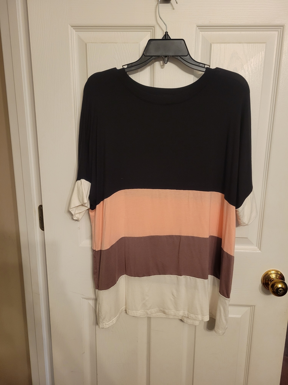 Celeste Colorblock Short Sleeve Dolman Tunic - Black, Peach & Brown